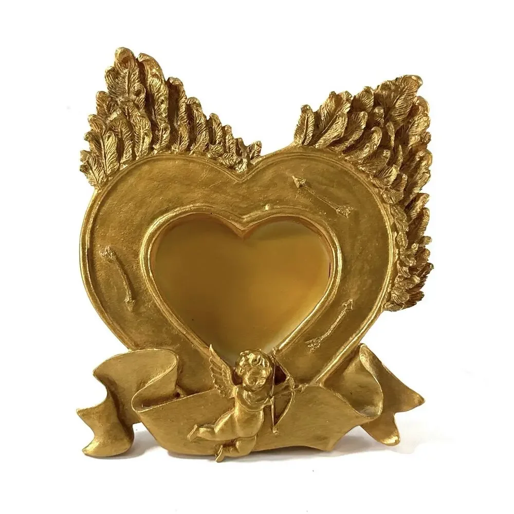 Vintage Gold Cherub Heart Picture Frame Winged Angel 2.5x3 Photo